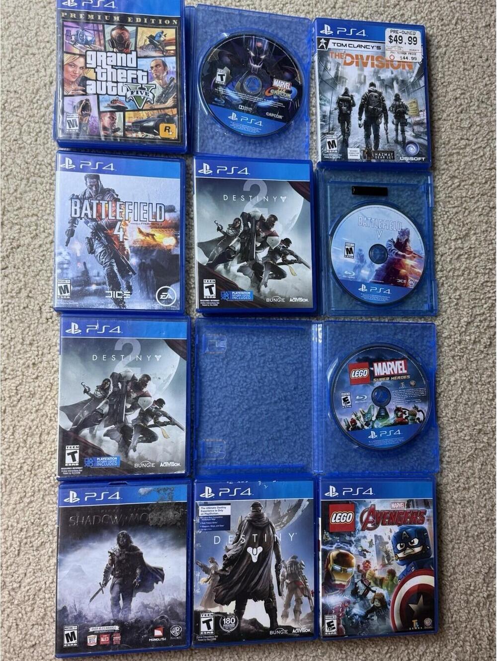 PS4 Video Game Lot 10 Games GTA V Battlefield Destiny LEGO Marvel Division